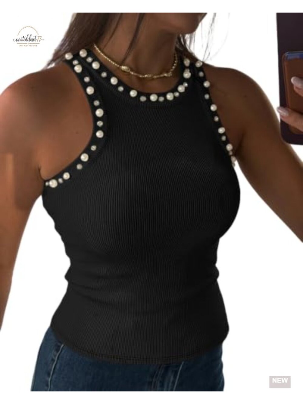 Pearl Rhinestone Ribbed Tank Top Racerback Sleeveless